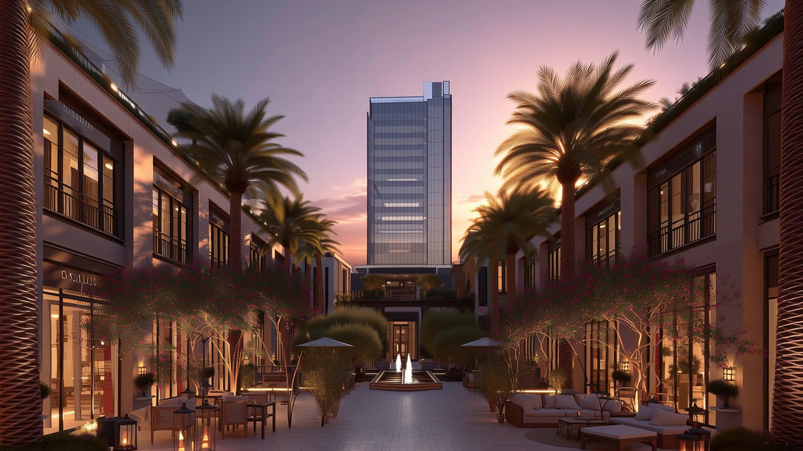 Tahlia Commercial Centre, central courtyard at dusk
