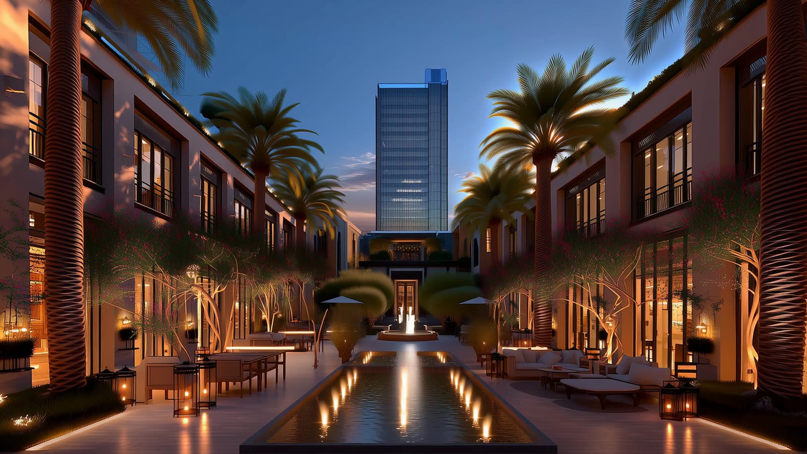 Tahlia Commercial Centre, illuminated at blue hour